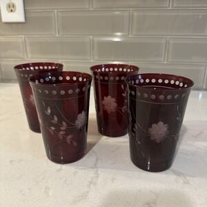 William Sonoma Vintage Garnet Etched Tumblers Ruby Red Glasses 8 OZ Set Of 4 NWT